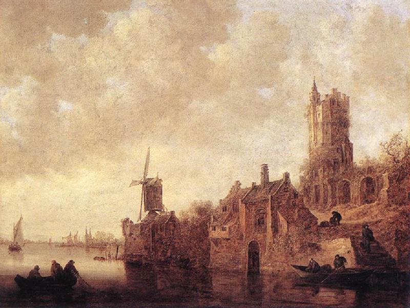 Jan van Goyen River Landscape with a Windmill and Ruined Castle